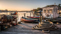 Fishing boats and golden morning light in a quiet coastal harbor with worn timber docks — art puzzle by The Wandered Piece
