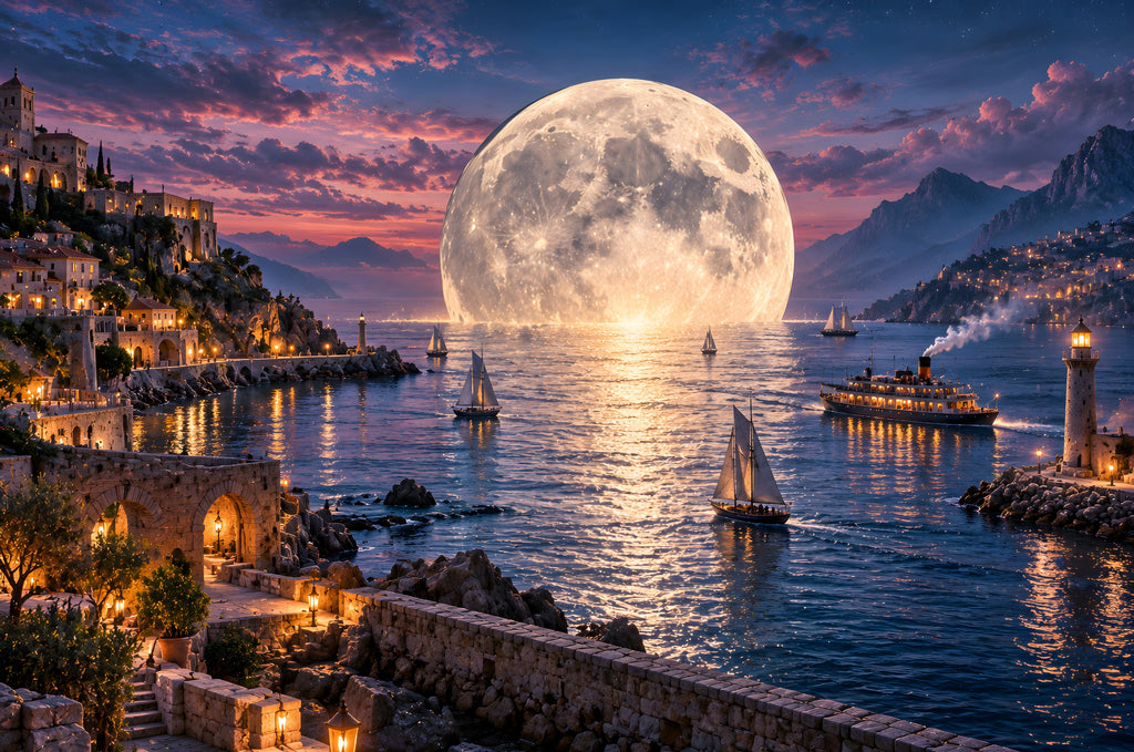 The Harbor Where the Moon Comes Down art puzzle: a huge full moon rising over a quiet harbor at dusk, sailboats and a lit steamship on the water, a lighthouse on the breakwater and a hillside town glowing with lights