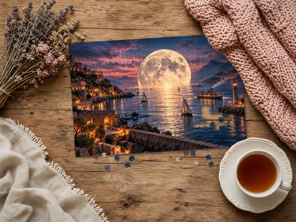 The Harbor Where the Moon Comes Down 1014 piece puzzle assembled on a rustic wood table with dried lavender, a pink knit blanket, a linen throw and a cup of tea, a few loose pieces nearby