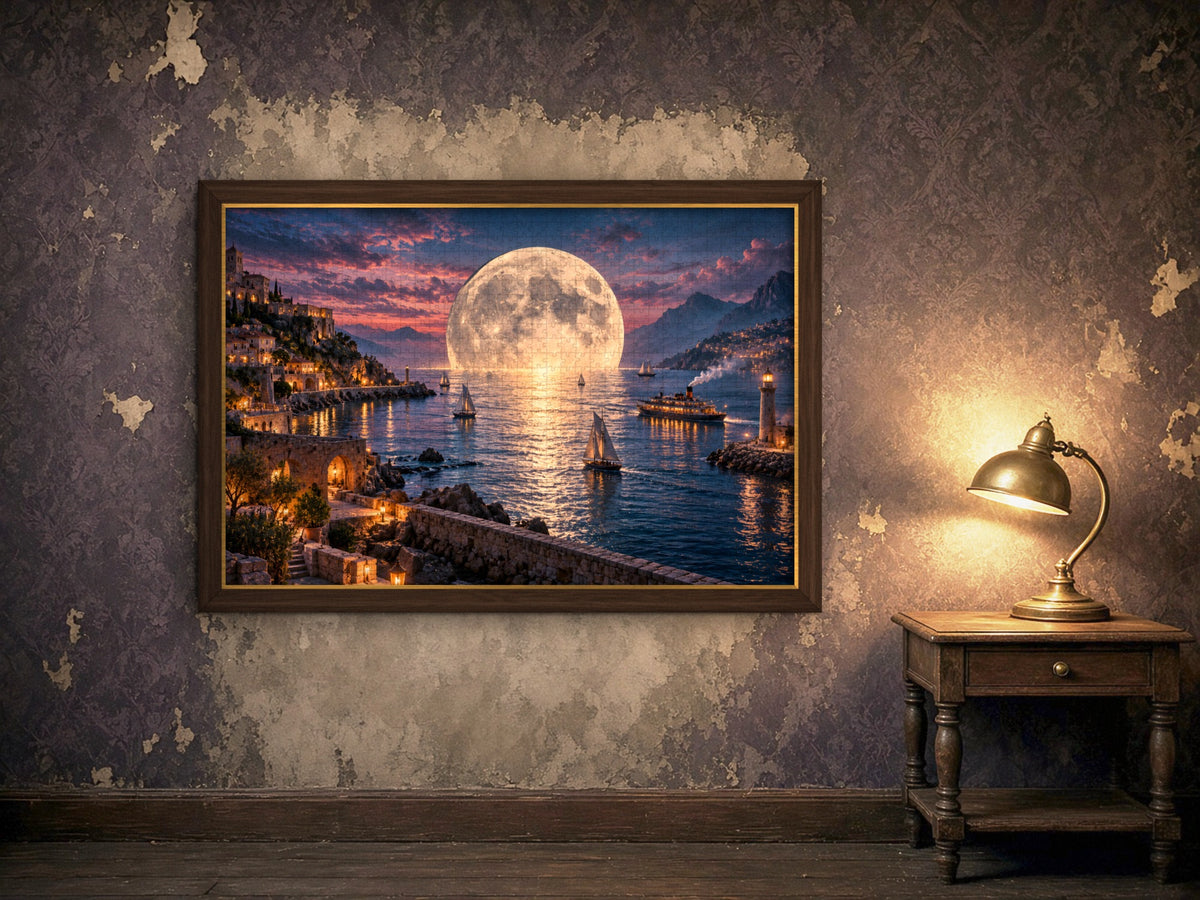 The Harbor Where the Moon Comes Down 1014 piece puzzle assembled, framed in dark wood on a worn plaster wall lit by a brass lamp