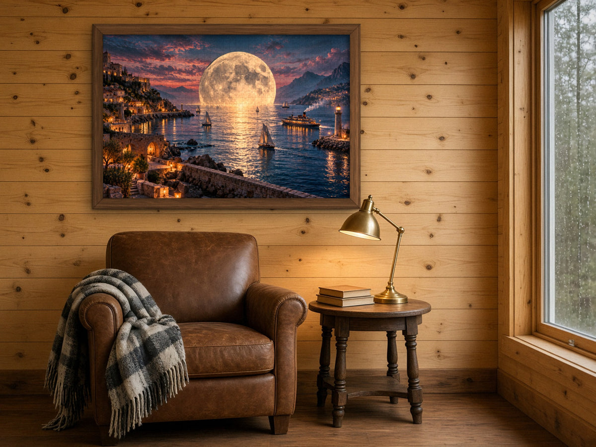 The Harbor Where the Moon Comes Down 1014 piece puzzle assembled and framed on a knotty pine wall above a leather armchair with a plaid throw and a brass reading lamp