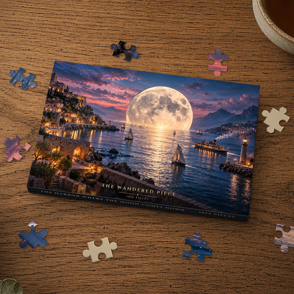 The Harbor Where the Moon Comes Down 1014 piece puzzle box on a wood table with loose pieces, box design shown for illustration