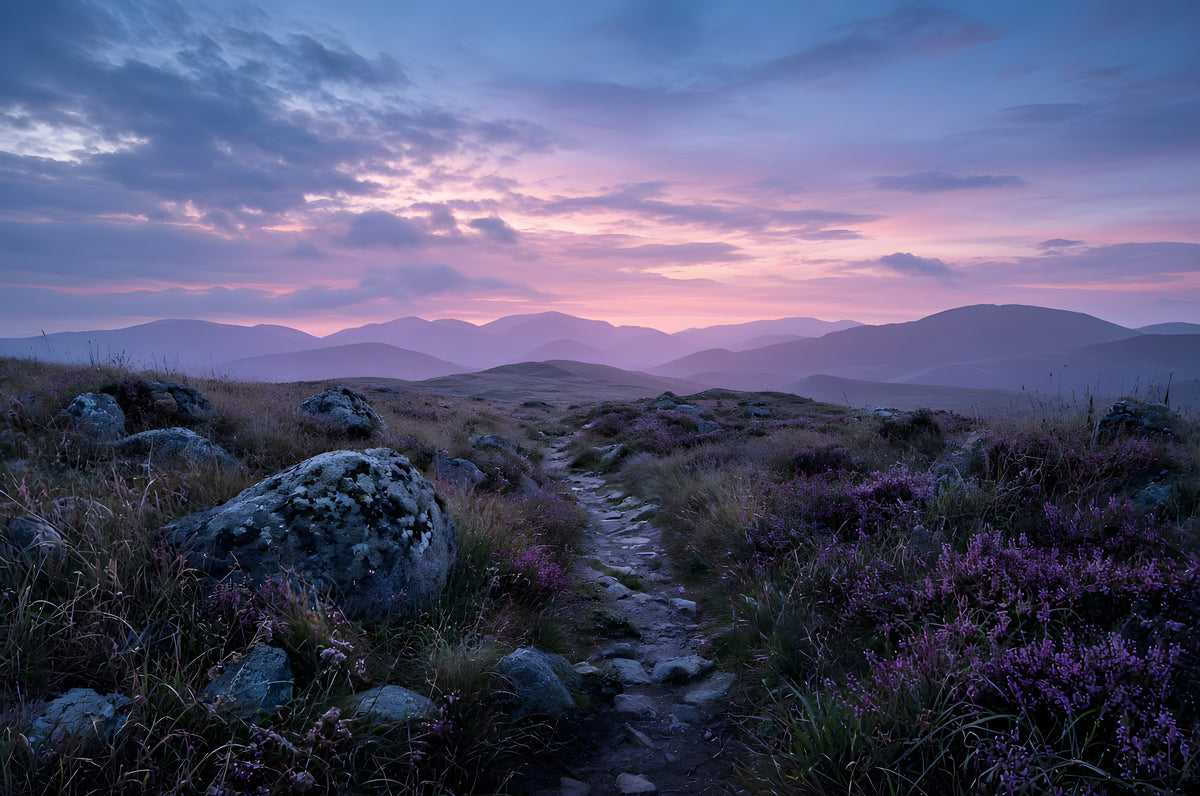 The Heather Road Home art puzzle: a narrow stone path through purple heather and lichen-covered boulders toward rolling hills under a pink and violet dusk sky