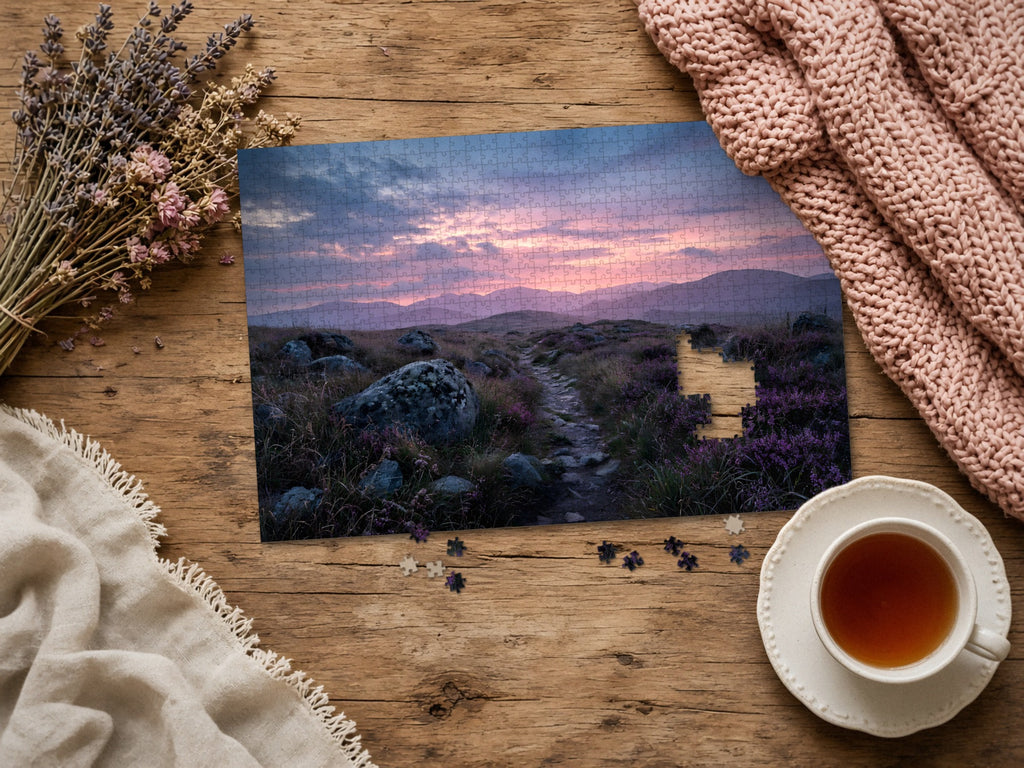 The Heather Road Home 1014 piece puzzle assembled on a rustic wood table with dried lavender, a pink knit blanket, a linen throw and a cup of tea, a few loose pieces nearby