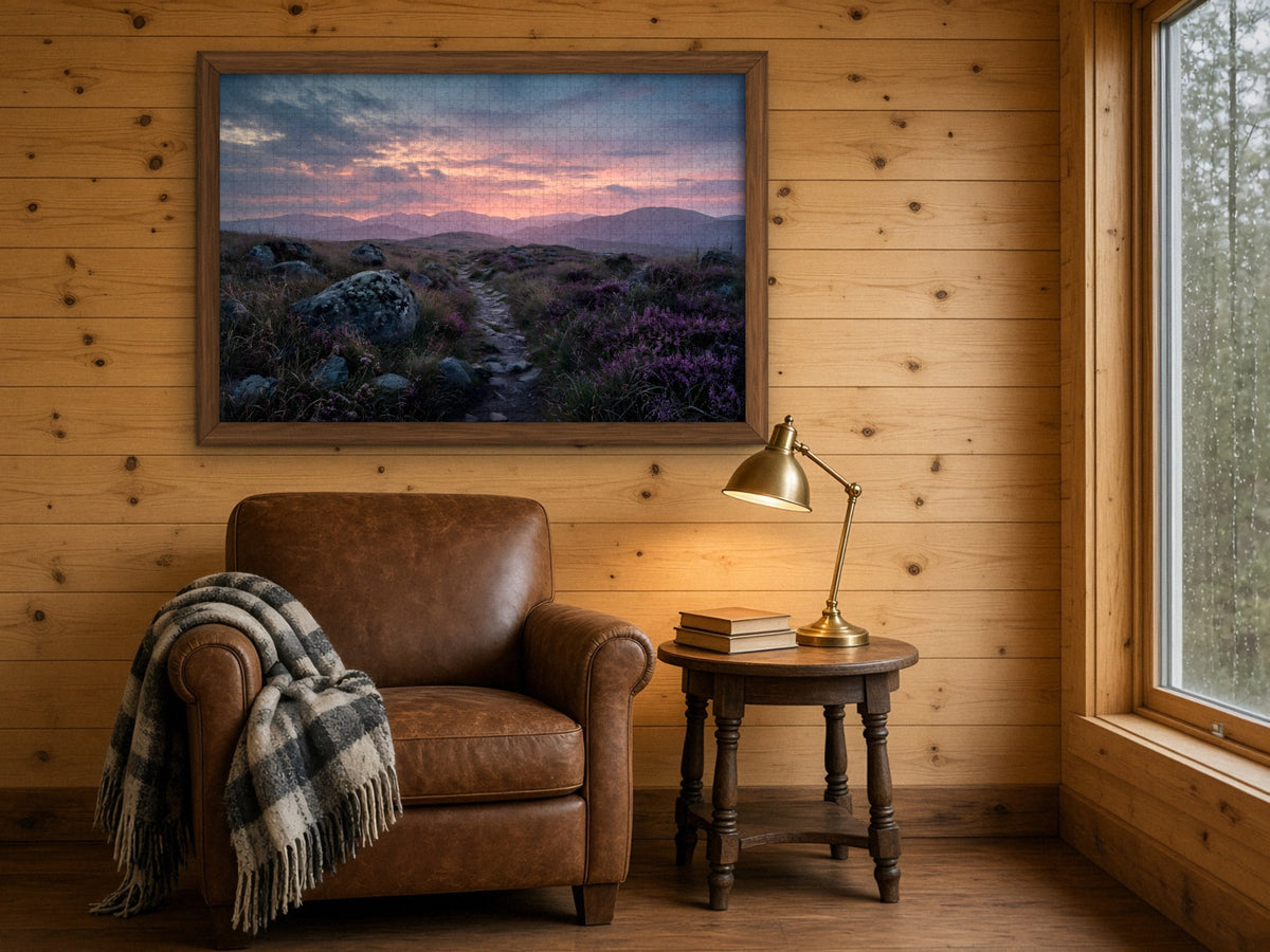 The Heather Road Home 1014 piece puzzle assembled and framed on a knotty pine wall above a leather armchair with a plaid throw and a brass reading lamp