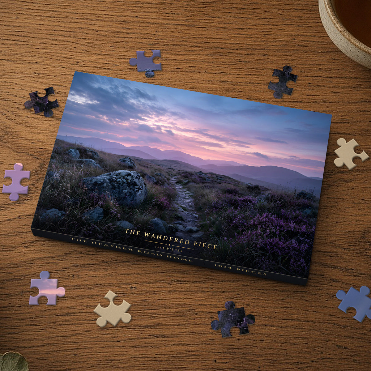 The Heather Road Home 1014 piece puzzle box on a wood table with loose pieces, box design shown for illustration