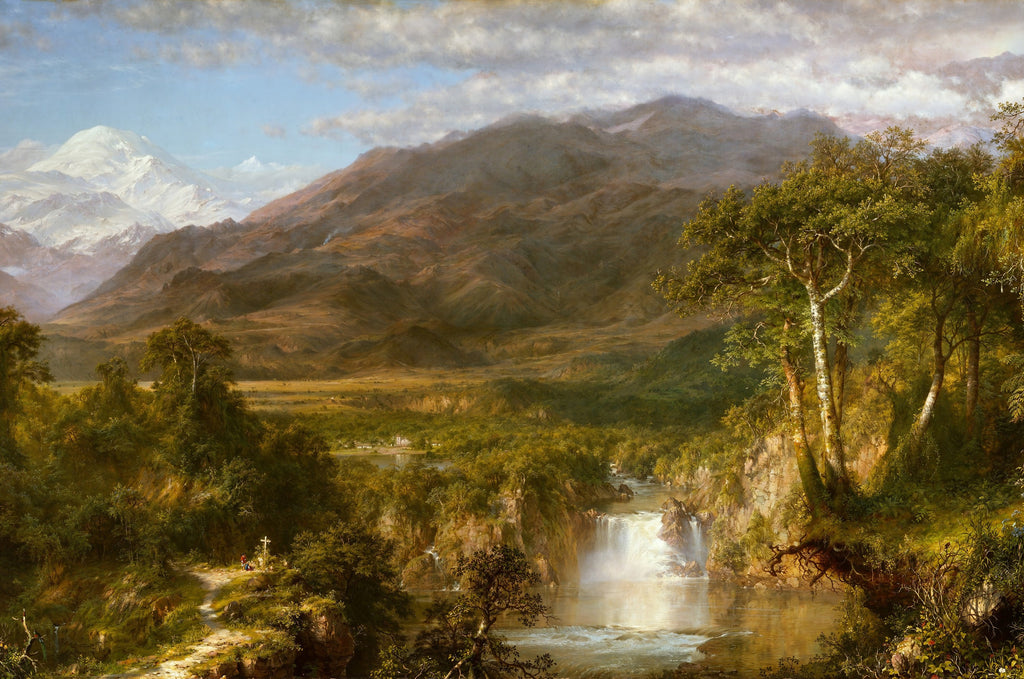 The Hidden Falls of the Andes art puzzle: Church's Heart of the Andes, a waterfall pouring into a still pool among dense trees, a green valley, brown mountains and a snow-white peak far to the left