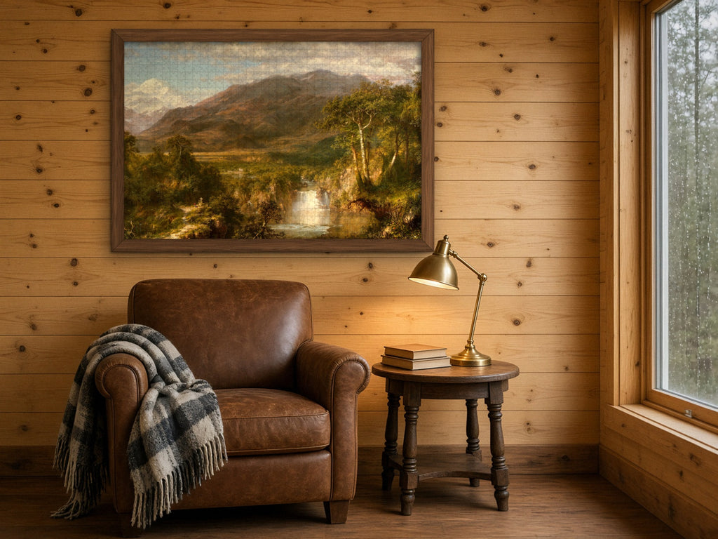 The Hidden Falls of the Andes 1014 piece puzzle assembled and framed on a knotty pine wall above a leather armchair with a plaid throw and a brass reading lamp