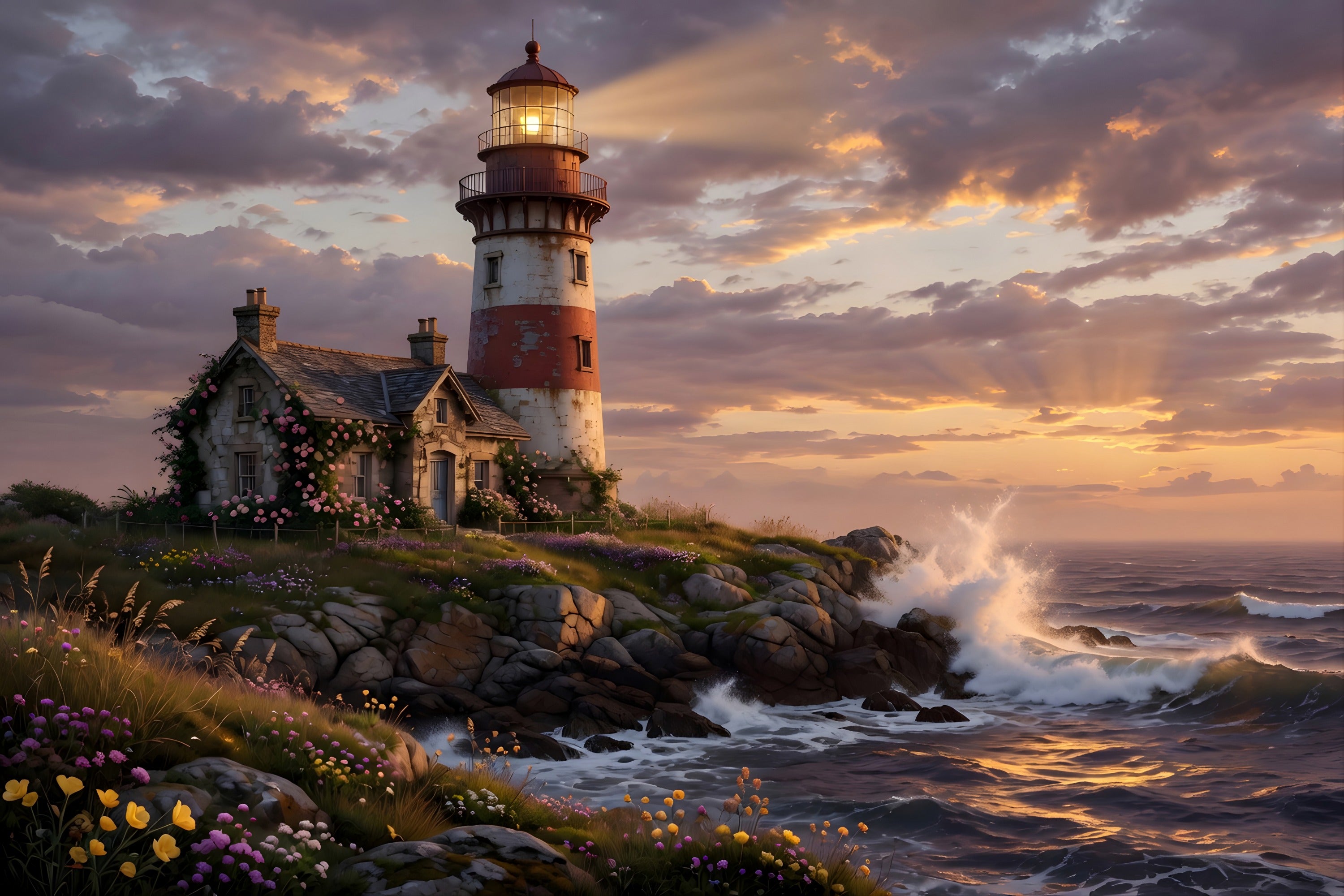 A coastal lighthouse with climbing roses and wildflowers at golden dusk on a rocky shore — art puzzle by The Wandered Piece