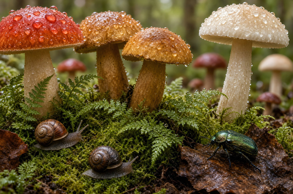 The Kingdom Beneath the Mushrooms art puzzle: a close-up of a mossy forest floor with dewy red, orange and white mushrooms, two snails crossing the moss, ferns and a green beetle on a wet leaf