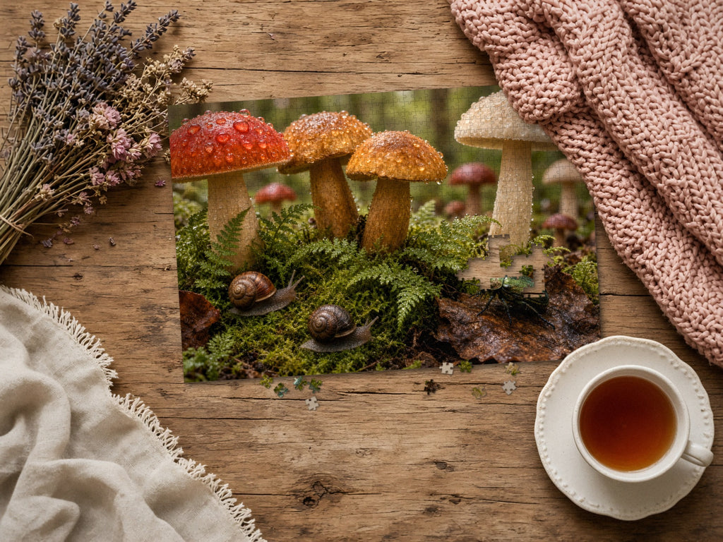 The Kingdom Beneath the Mushrooms 1014 piece puzzle assembled on a rustic wood table with dried lavender, a pink knit blanket, a linen throw and a cup of tea, a few loose pieces nearby
