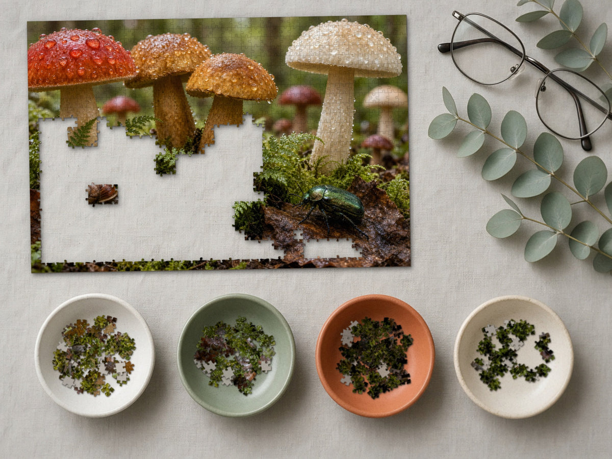The Kingdom Beneath the Mushrooms 1014 piece puzzle partly assembled on a linen cloth, loose pieces sorted into four small ceramic bowls beside reading glasses and eucalyptus
