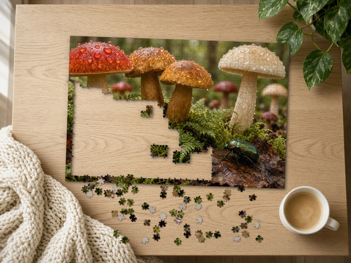 The Kingdom Beneath the Mushrooms 1014 piece puzzle half assembled on a light oak table, loose pieces scattered beside a chunky knit throw, a latte and a trailing plant