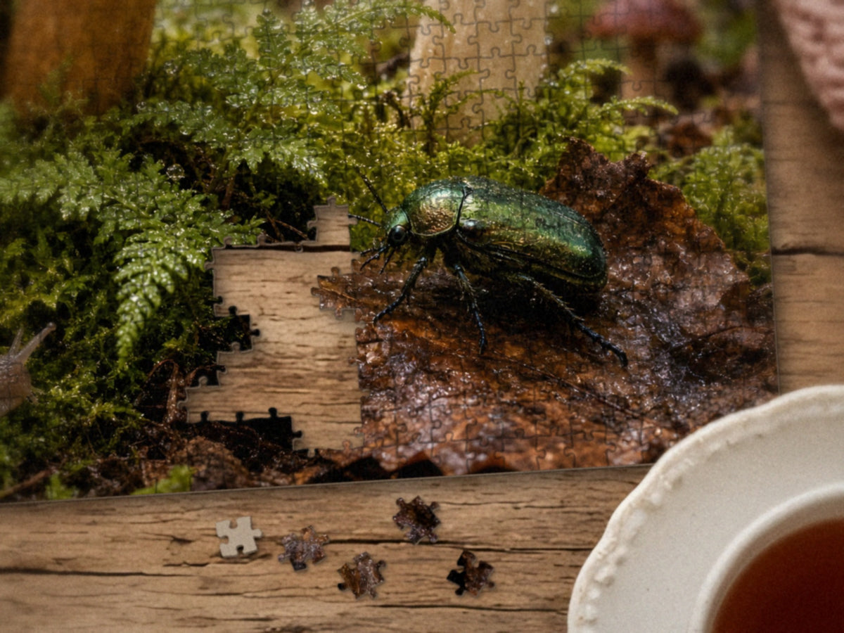 Close-up of the The Kingdom Beneath the Mushrooms puzzle on a wood table showing the green beetle on a wet leaf among the ferns, a few pieces still missing, next to a teacup