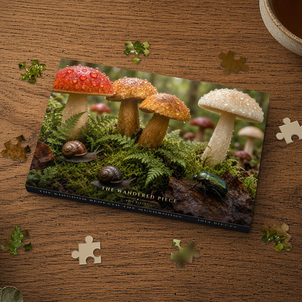 The Kingdom Beneath the Mushrooms 1014 piece puzzle box on a wood table with loose pieces, box design shown for illustration