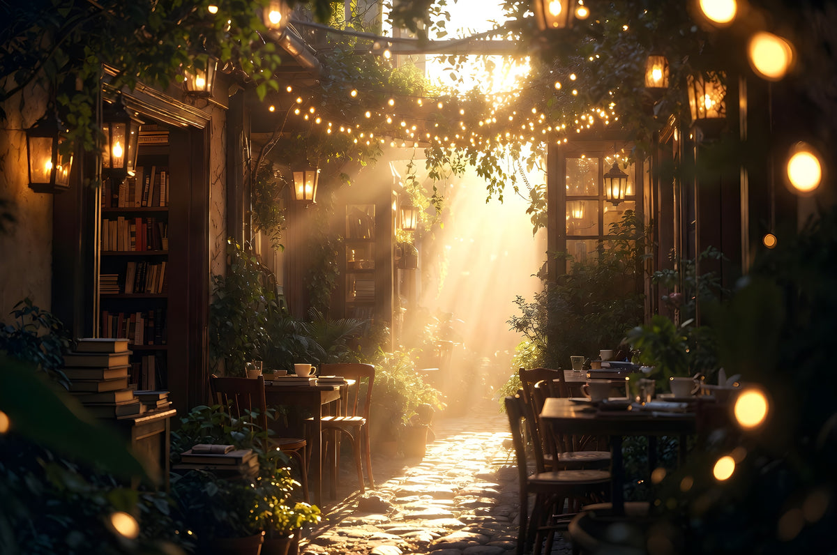 The Lane of Unfinished Chapters art puzzle: a sunlit cobblestone lane with an open bookshop, café tables set with cups and stacked books, lanterns and string lights overhead