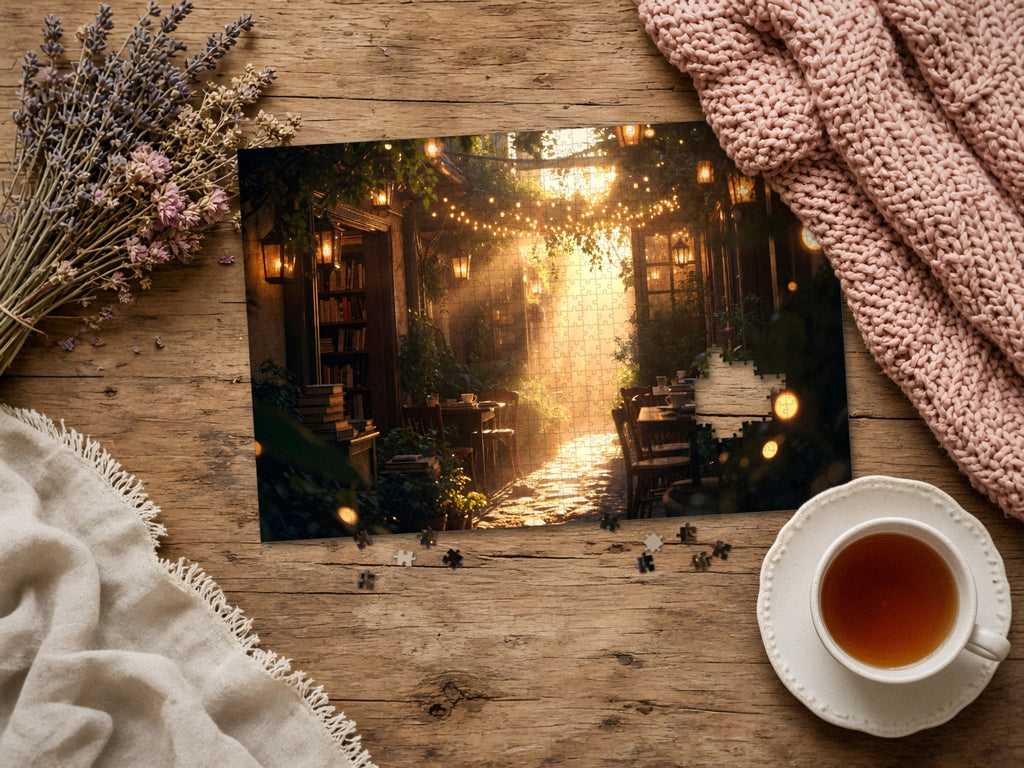 The Lane of Unfinished Chapters 1014 piece puzzle assembled on a rustic wood table with dried lavender, a pink knit blanket, a linen throw and a cup of tea, a few loose pieces nearby