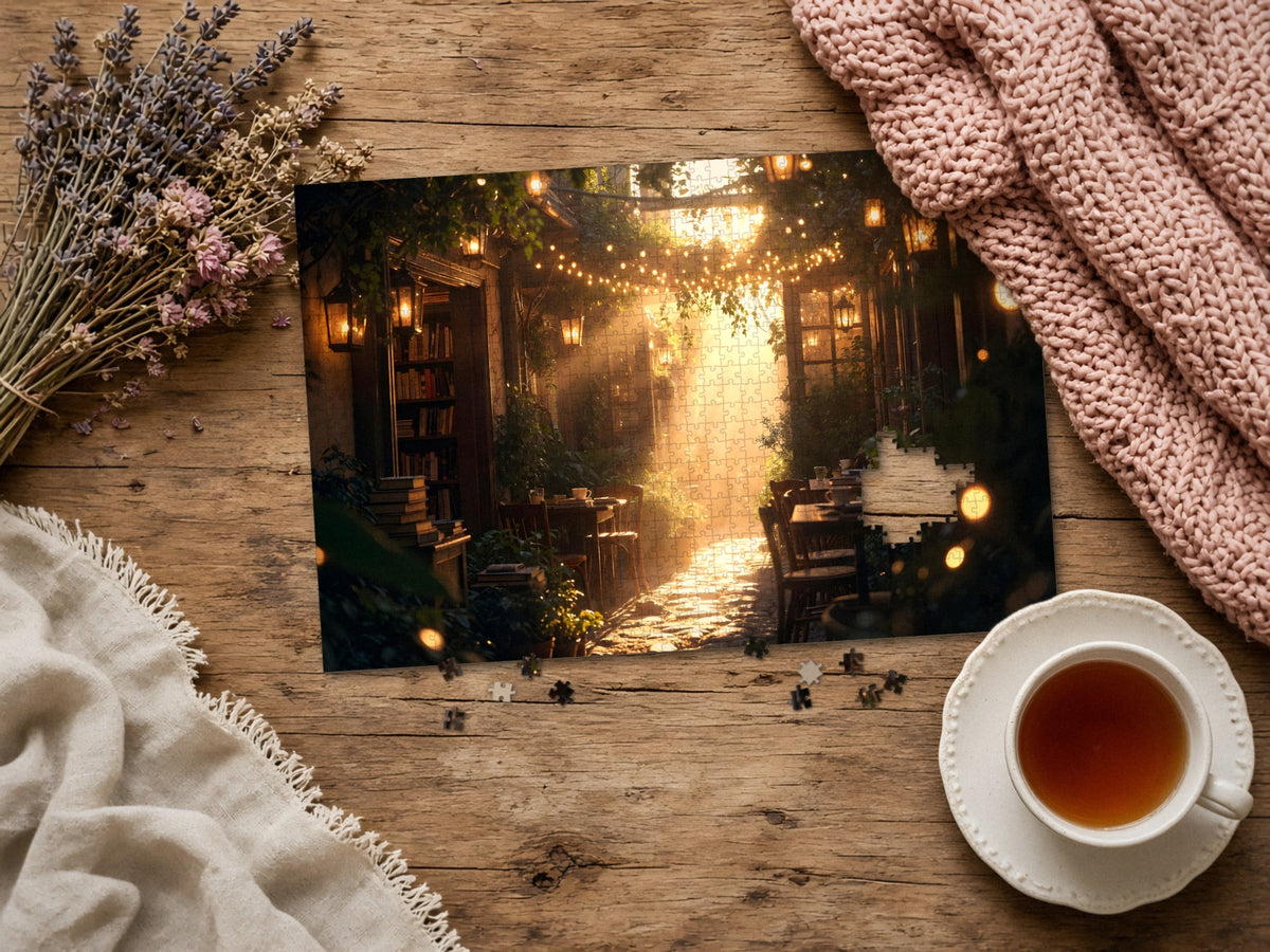 The Lane of Unfinished Chapters 1014 piece puzzle assembled on a rustic wood table with dried lavender, a pink knit blanket, a linen throw and a cup of tea, a few loose pieces nearby