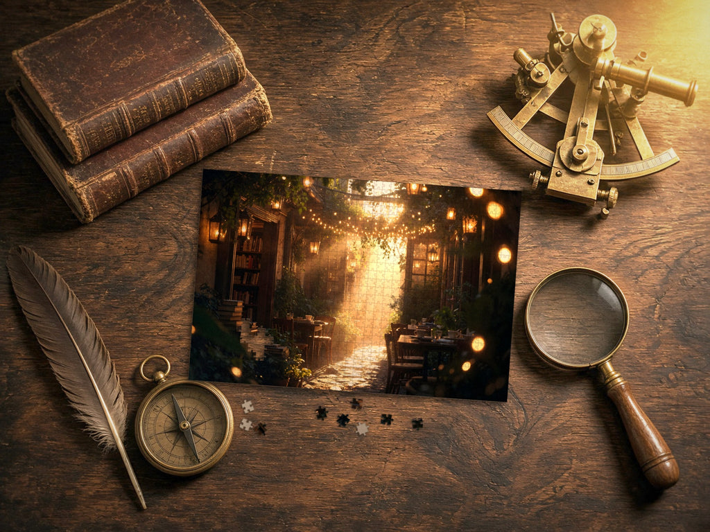 The Lane of Unfinished Chapters 1014 piece puzzle laid on a dark wood desk with old leather books, a brass sextant, a compass, a quill and a magnifying glass