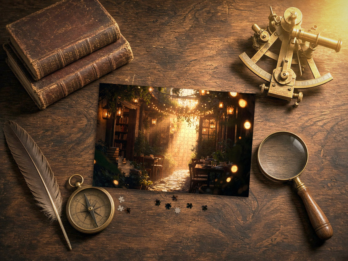 The Lane of Unfinished Chapters 1014 piece puzzle laid on a dark wood desk with old leather books, a brass sextant, a compass, a quill and a magnifying glass