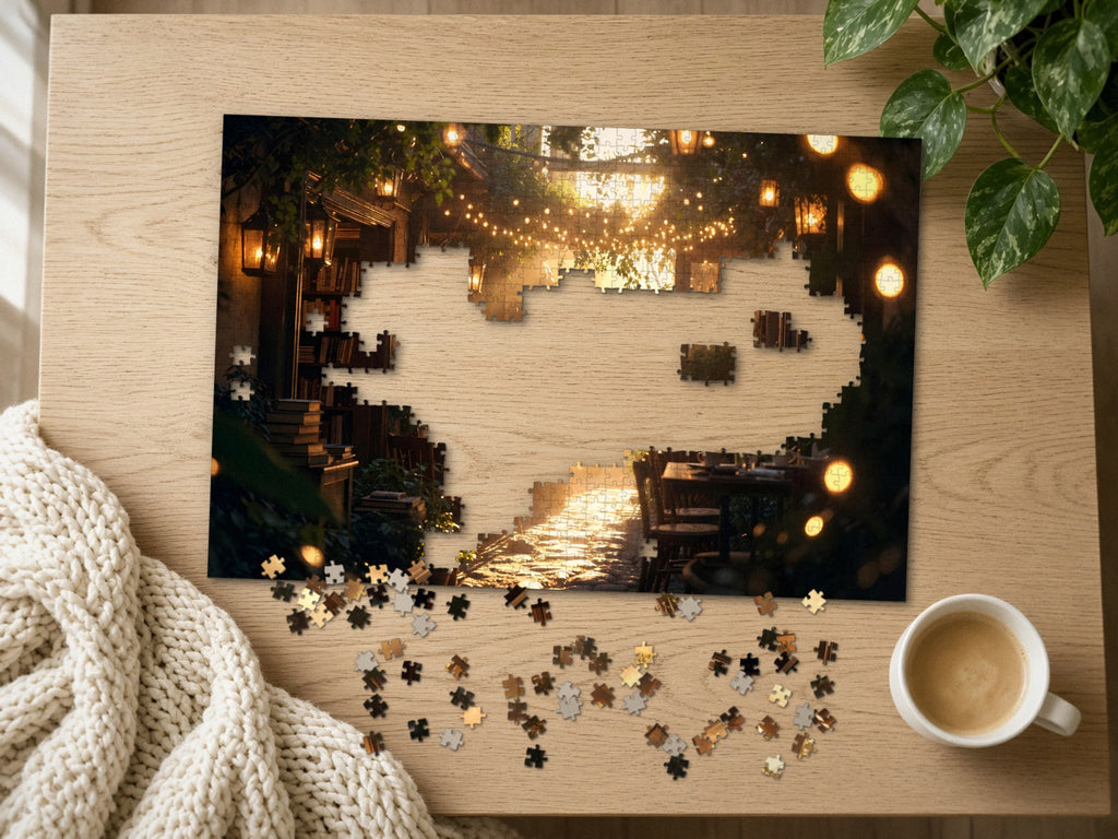 The Lane of Unfinished Chapters 1014 piece puzzle half assembled on a light oak table, loose pieces scattered beside a chunky knit throw, a latte and a trailing plant