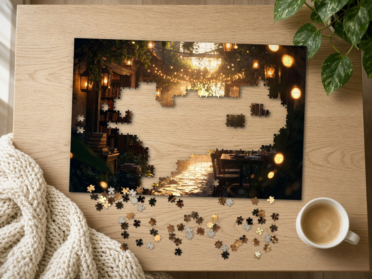 The Lane of Unfinished Chapters 1014 piece puzzle half assembled on a light oak table, loose pieces scattered beside a chunky knit throw, a latte and a trailing plant