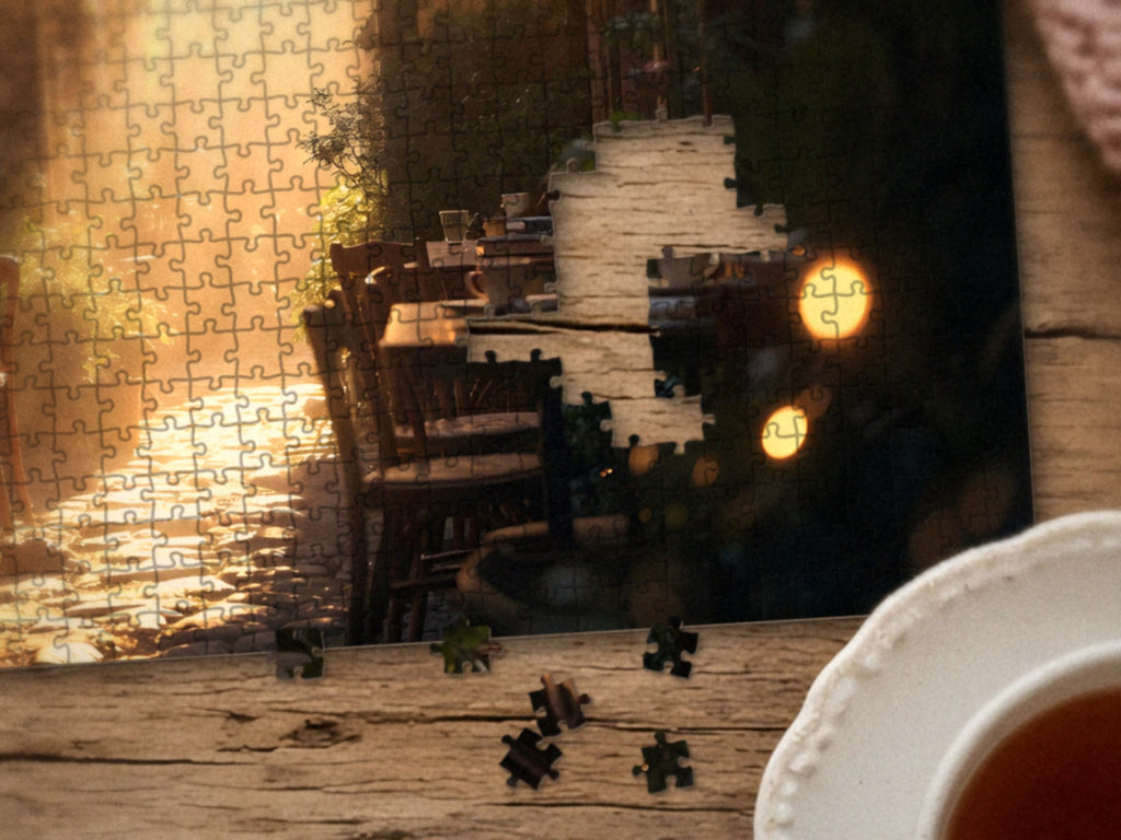 Close-up of the The Lane of Unfinished Chapters puzzle on a wood table showing the lanterns and bookshop doorway, a few pieces still missing, next to a teacup