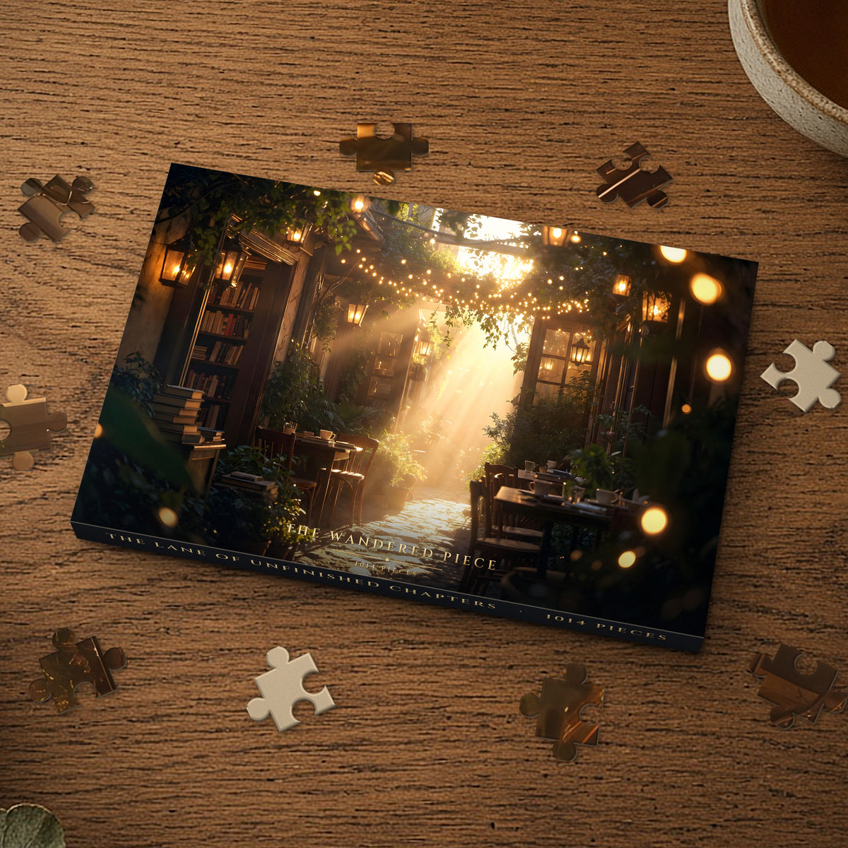 The Lane of Unfinished Chapters 1014 piece puzzle box on a wood table with loose pieces, box design shown for illustration