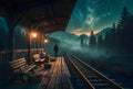 A rustic mountain train station glowing under the Milky Way with amber lanterns burning — art puzzle by The Wandered Piece