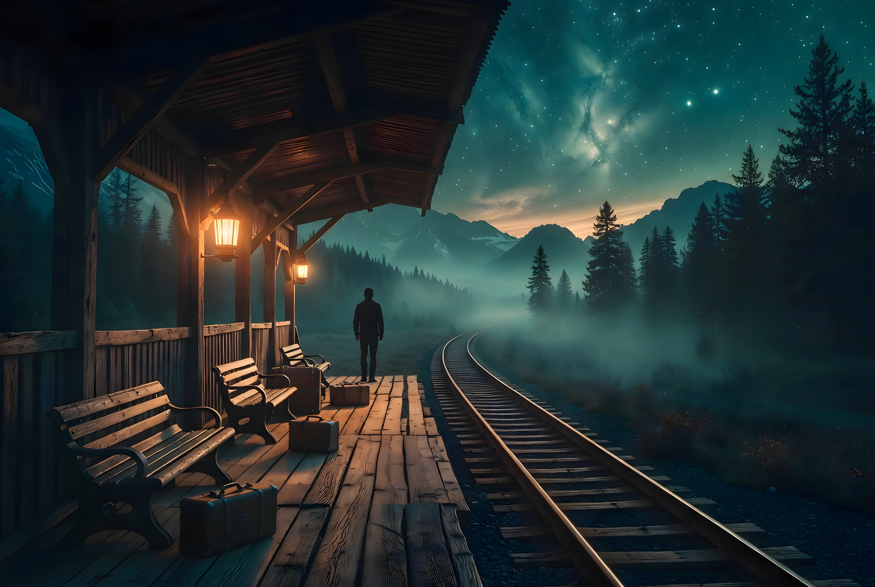 A rustic mountain train station glowing under the Milky Way with amber lanterns burning — art puzzle by The Wandered Piece