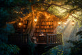The Library Above the Fireflies art puzzle: a treehouse library built into an old tree, shelves of books, an open book and steaming cup on a table, lanterns and fairy lights in the branches and sunbeams through the forest