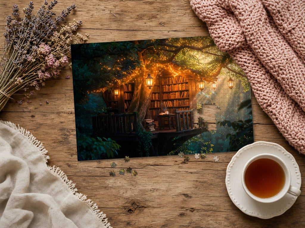 The Library Above the Fireflies 1014 piece puzzle assembled on a rustic wood table with dried lavender, a pink knit blanket, a linen throw and a cup of tea, a few loose pieces nearby