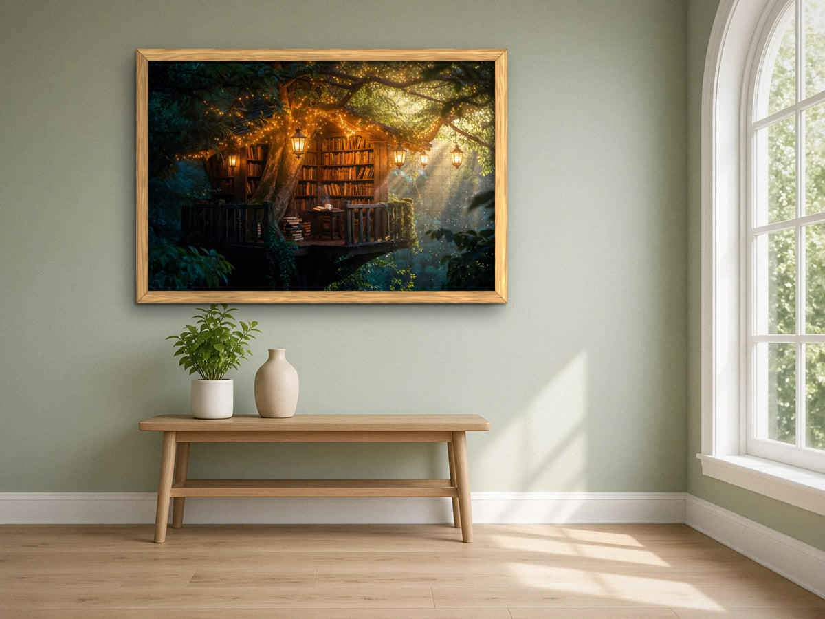 The Library Above the Fireflies 1014 piece puzzle assembled, framed in light wood on a sage green wall above a wooden bench, next to a tall arched window