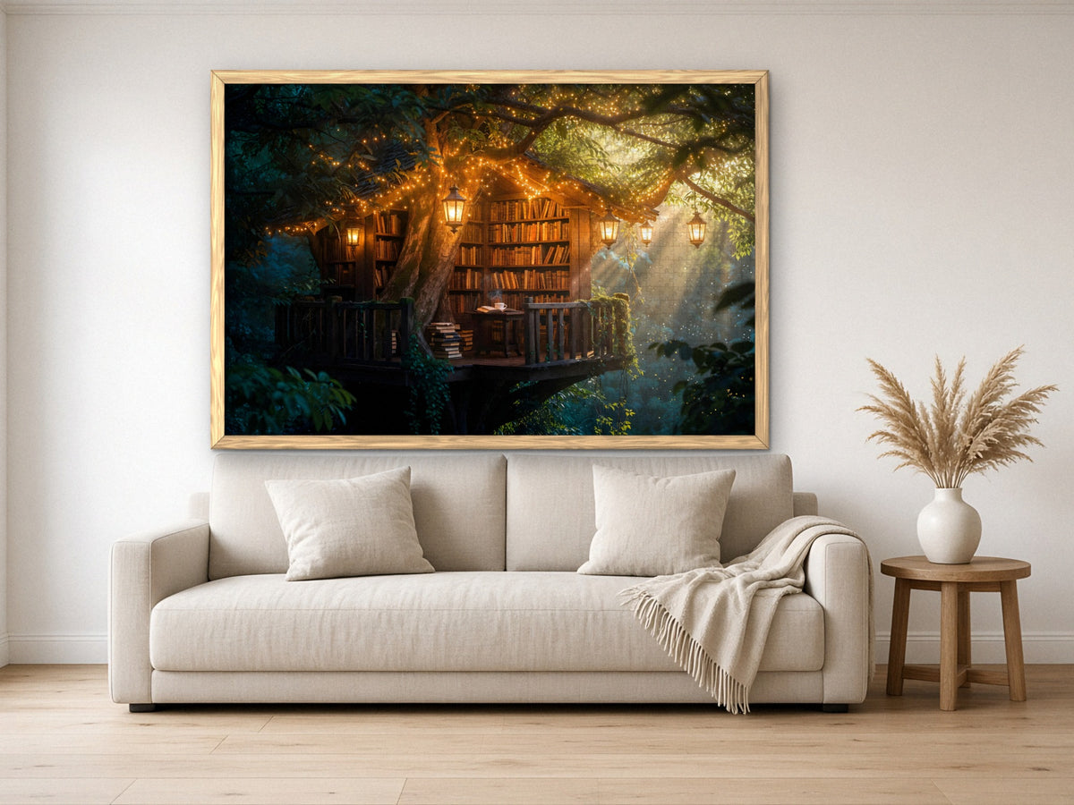 The Library Above the Fireflies 1014 piece puzzle assembled, framed in light wood and hung above a cream sofa, with pampas grass on a side table