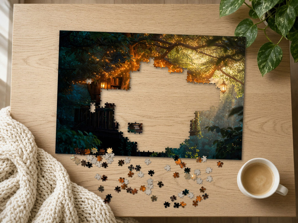 The Library Above the Fireflies 1014 piece puzzle half assembled on a light oak table, loose pieces scattered beside a chunky knit throw, a latte and a trailing plant