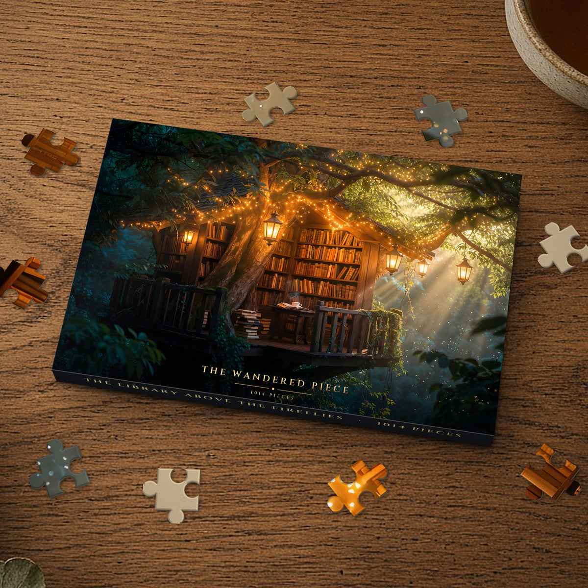 The Library Above the Fireflies 1014 piece puzzle box on a wood table with loose pieces, box design shown for illustration