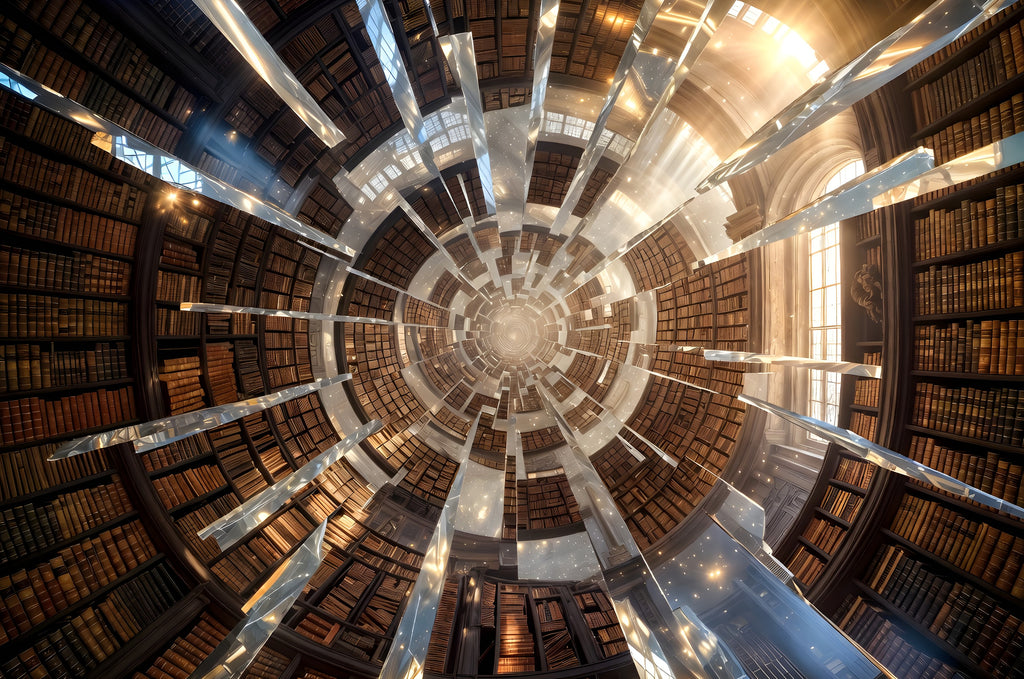 The Library That Folds Into Itself art puzzle: an impossible library, rings of bookshelves folding inward to a bright center, glass shards cutting through the space and a tall arched window on the right
