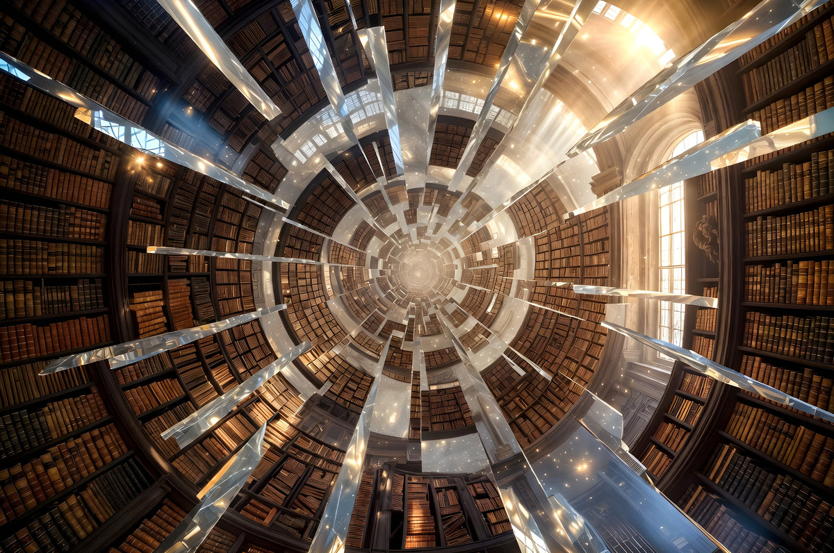 The Library That Folds Into Itself art puzzle: an impossible library, rings of bookshelves folding inward to a bright center, glass shards cutting through the space and a tall arched window on the right