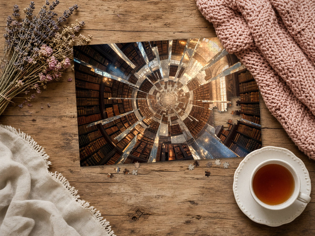 The Library That Folds Into Itself 1014 piece puzzle assembled on a rustic wood table with dried lavender, a pink knit blanket, a linen throw and a cup of tea, a few loose pieces nearby