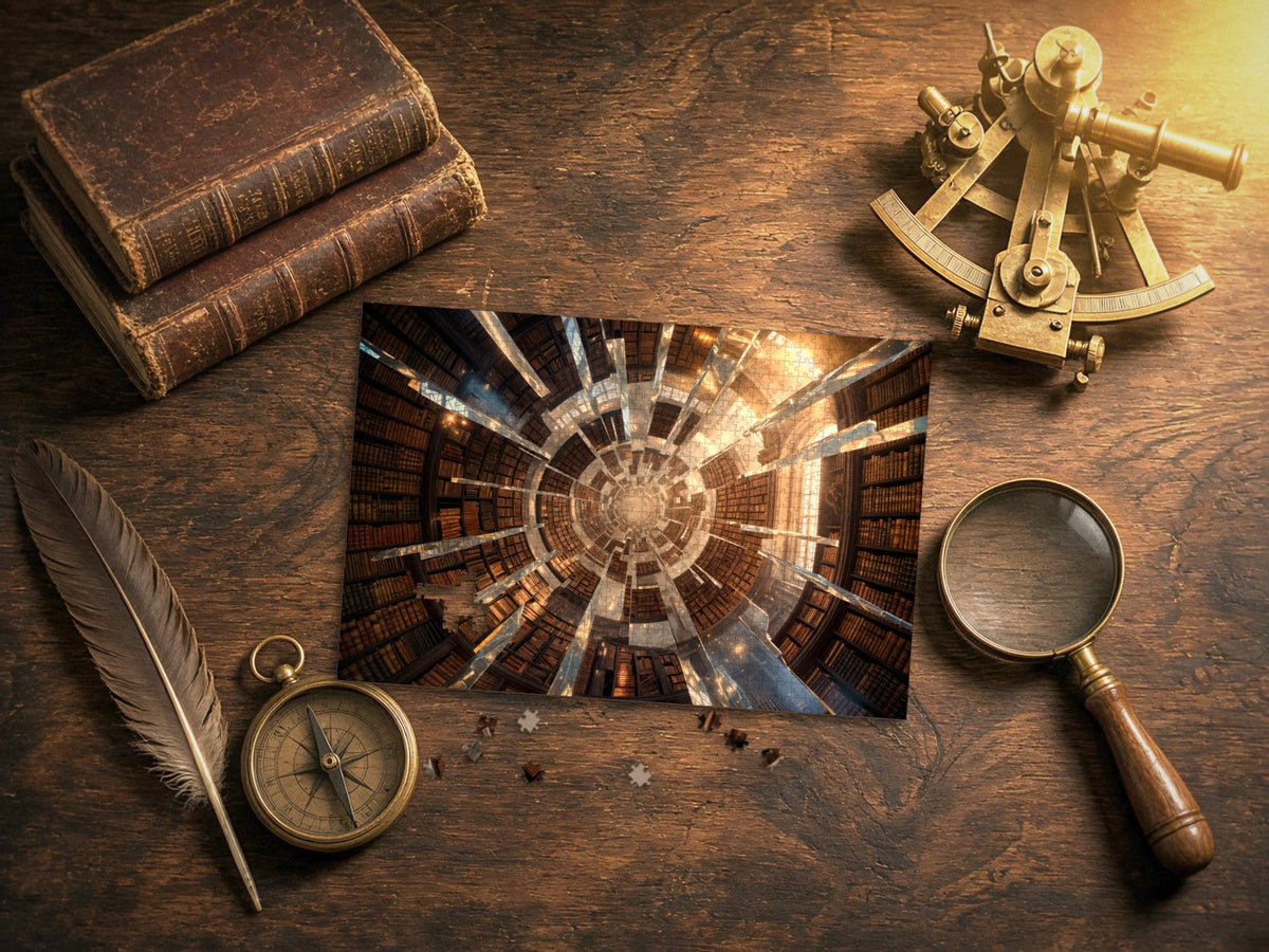 The Library That Folds Into Itself 1014 piece puzzle laid on a dark wood desk with old leather books, a brass sextant, a compass, a quill and a magnifying glass
