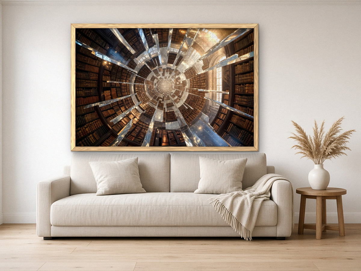 The Library That Folds Into Itself 1014 piece puzzle assembled, framed in light wood and hung above a cream sofa, with pampas grass on a side table