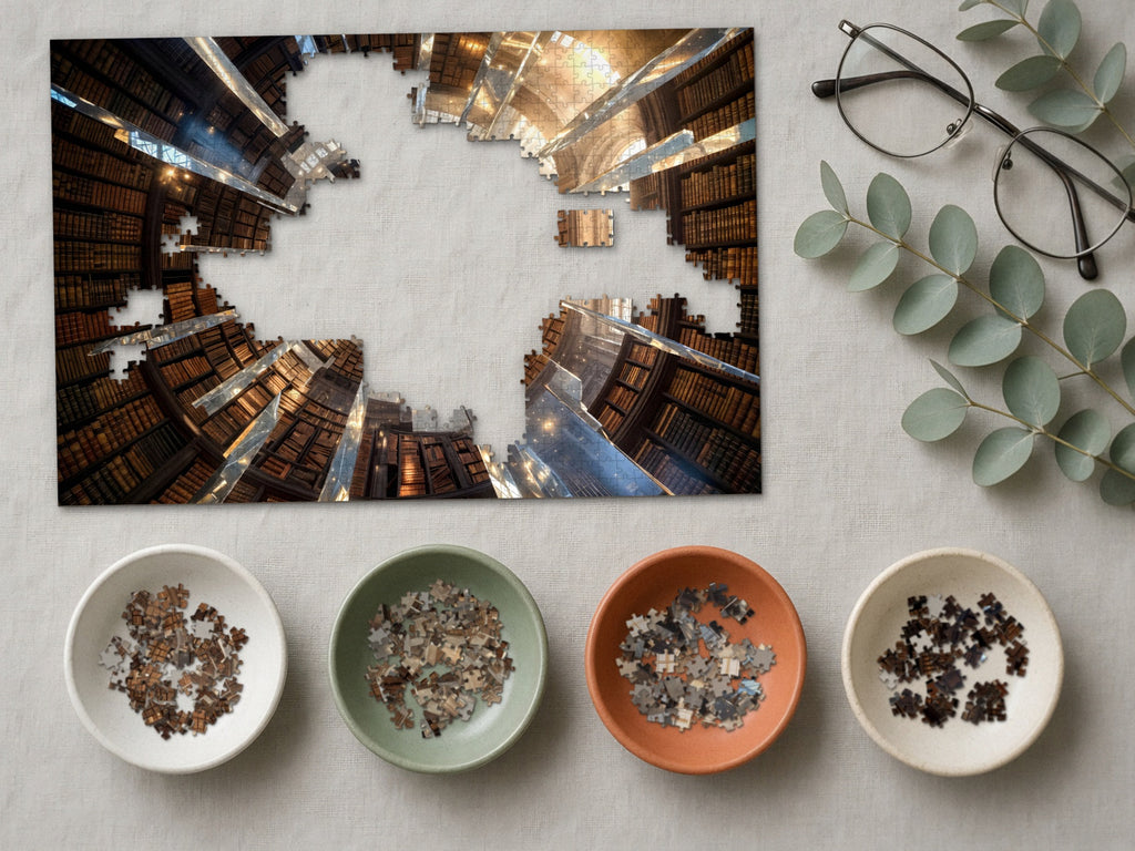 The Library That Folds Into Itself 1014 piece puzzle partly assembled on a linen cloth, loose pieces sorted into four small ceramic bowls beside reading glasses and eucalyptus