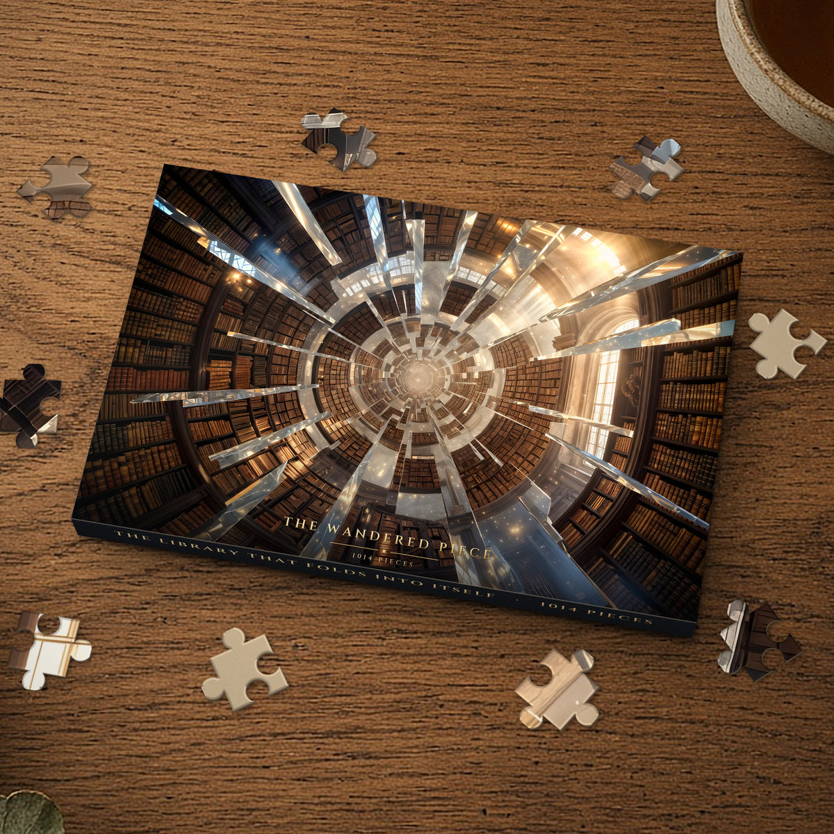 The Library That Folds Into Itself 1014 piece puzzle box on a wood table with loose pieces, box design shown for illustration