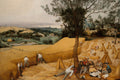 The Long Gold Afternoon art puzzle: a 1565 harvest scene by Bruegel, workers eating and resting under a pear tree beside a golden wheat field, with a village, church and pale bay beyond