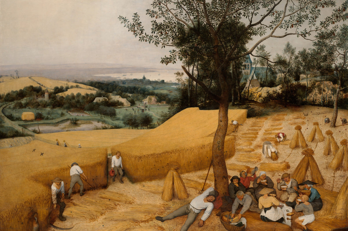 The Long Gold Afternoon art puzzle: a 1565 harvest scene by Bruegel, workers eating and resting under a pear tree beside a golden wheat field, with a village, church and pale bay beyond