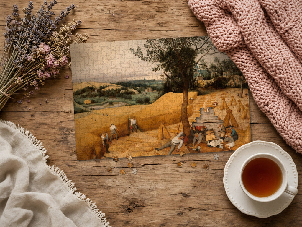 The Long Gold Afternoon 1014 piece puzzle assembled on a rustic wood table with dried lavender, a pink knit blanket, a linen throw and a cup of tea, a few loose pieces nearby