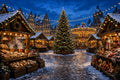 The Market Under a Thousand Lights art puzzle: a snowy Christmas market at night, a tall decorated tree in the square, a lit carousel behind it and wooden stalls of gingerbread, scarves and wooden toys under strings of lights