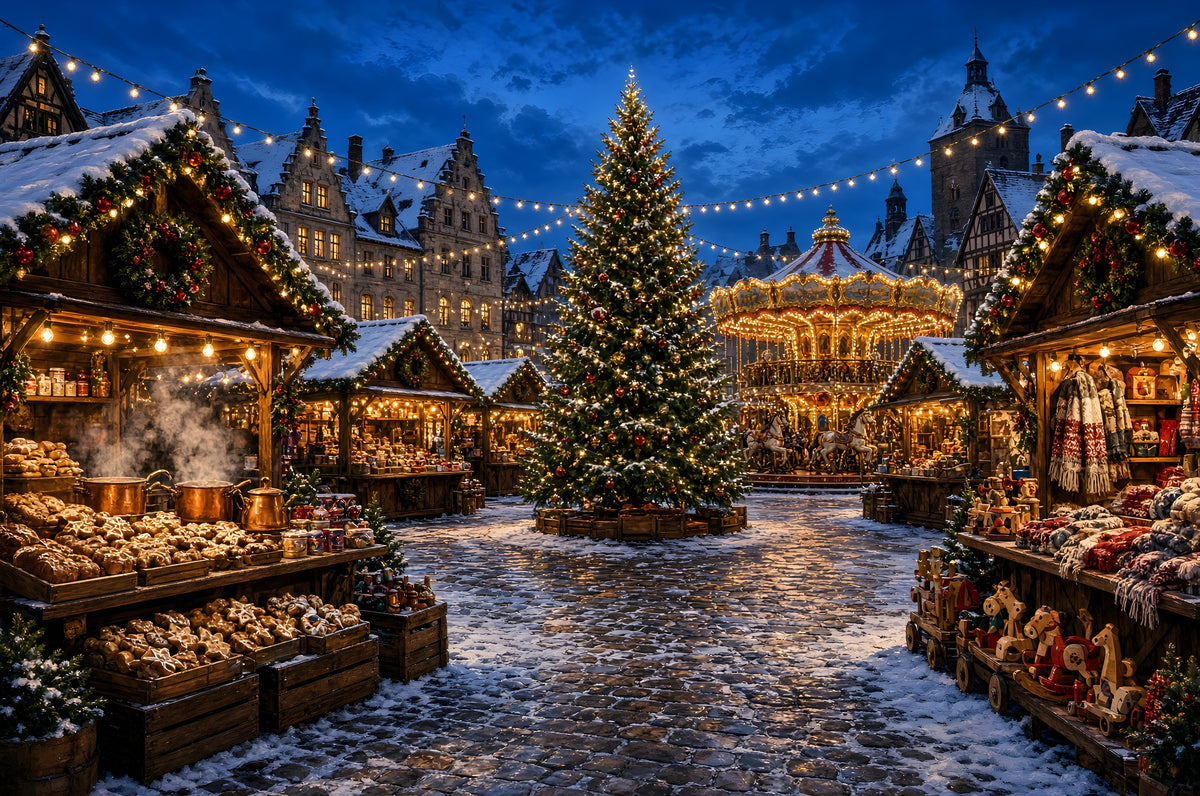 The Market Under a Thousand Lights art puzzle: a snowy Christmas market at night, a tall decorated tree in the square, a lit carousel behind it and wooden stalls of gingerbread, scarves and wooden toys under strings of lights