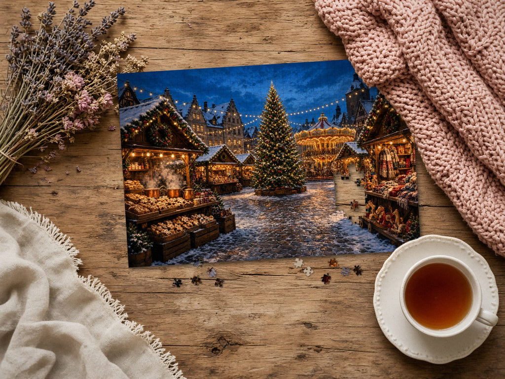 The Market Under a Thousand Lights 1014 piece puzzle assembled on a rustic wood table with dried lavender, a pink knit blanket, a linen throw and a cup of tea, a few loose pieces nearby