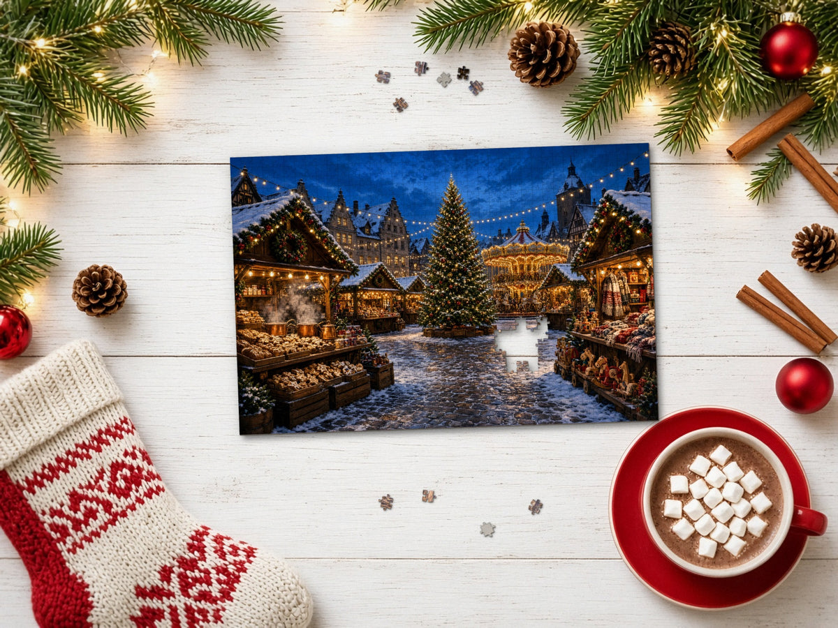 The Market Under a Thousand Lights 1014 piece puzzle on a white wood table with pine branches, fairy lights, pinecones, red ornaments, cinnamon sticks, a knit stocking and a mug of cocoa with marshmallows